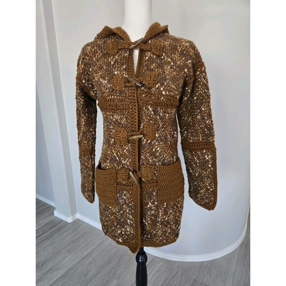 Vintage Boho Crocheted Hooded Sweater Cardigan Grandma Square Handmade Sz M/L - Picture 2 of 13